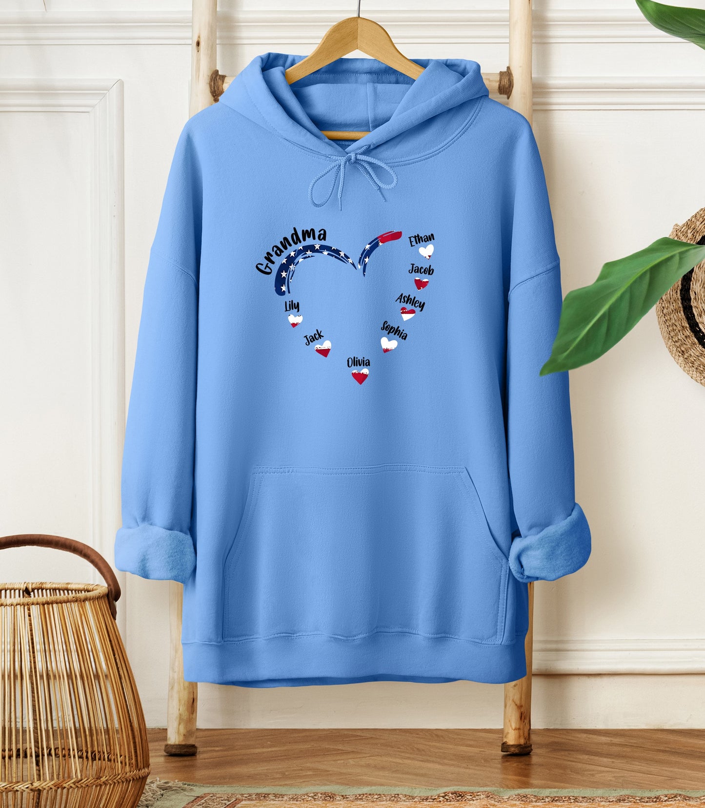 Personalized Grandma Hoodie with 7 Grandkids – Heart Flag Design