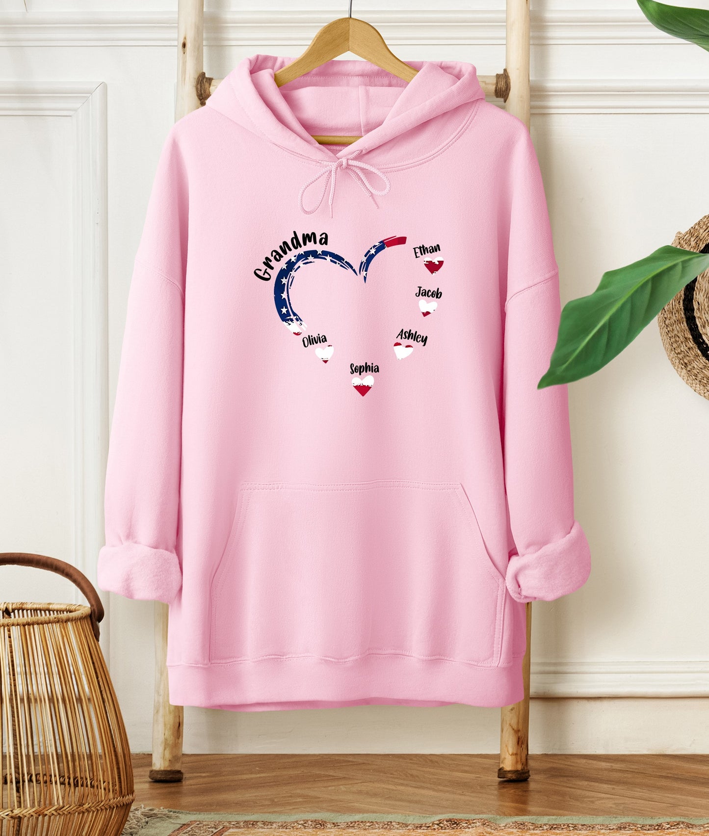 Personalized Grandma Hoodie with 7 Grandkids – Heart Flag Design