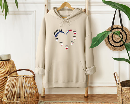 Personalized Grandma Hoodie with 7 Grandkids – Heart Flag Design